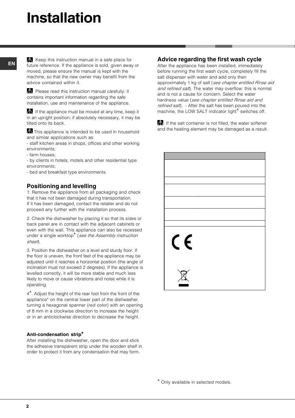 Installation, Positioning and levelling, Advice regarding the first wash cycle | Hotpoint FDUD4212 User Manual | Page 2 / 16