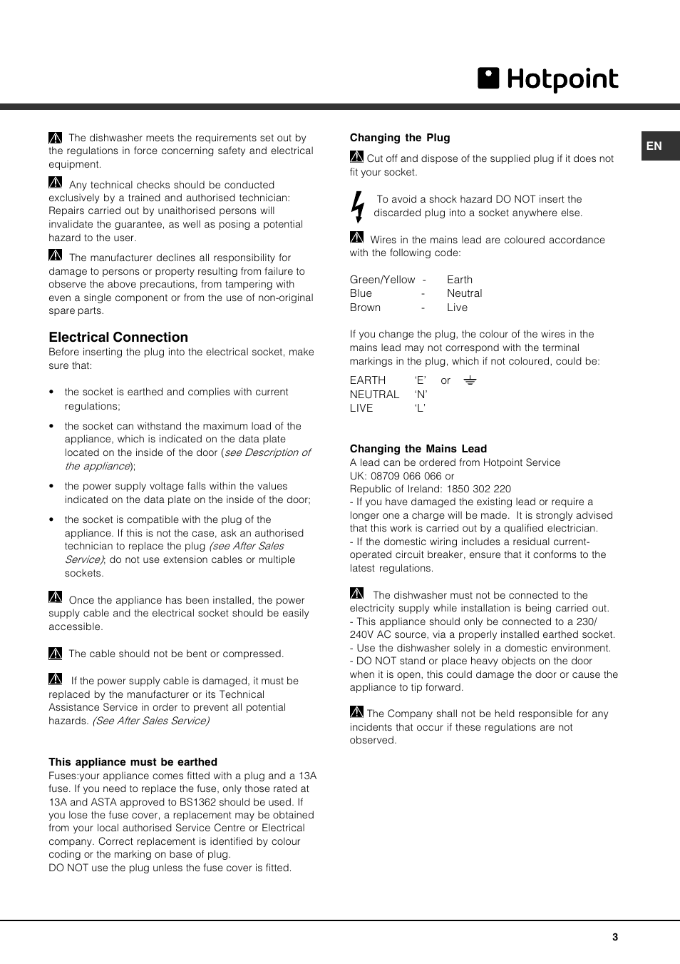 Electrical connection | Hotpoint FDUD4212 User Manual | Page 3 / 16