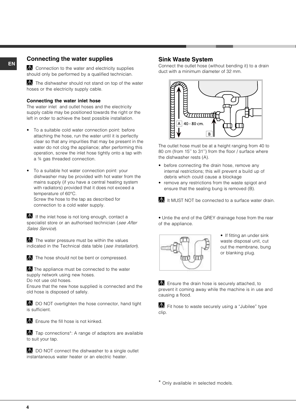 Connecting the water supplies, Sink waste system | Hotpoint FDUD4212 User Manual | Page 4 / 16