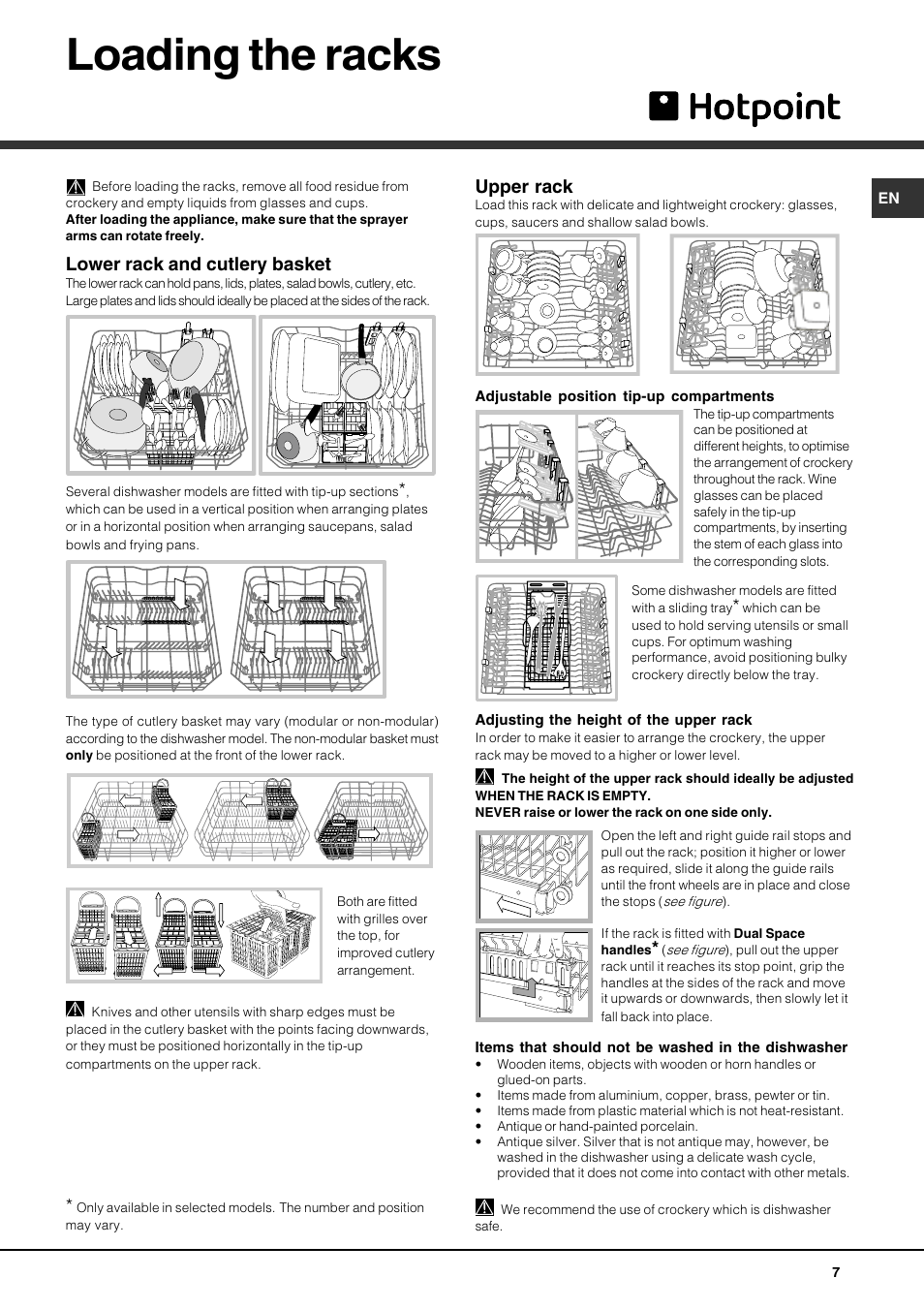 Loading the racks, Lower rack and cutlery basket, Upper rack | Hotpoint FDUD4212 User Manual | Page 7 / 16