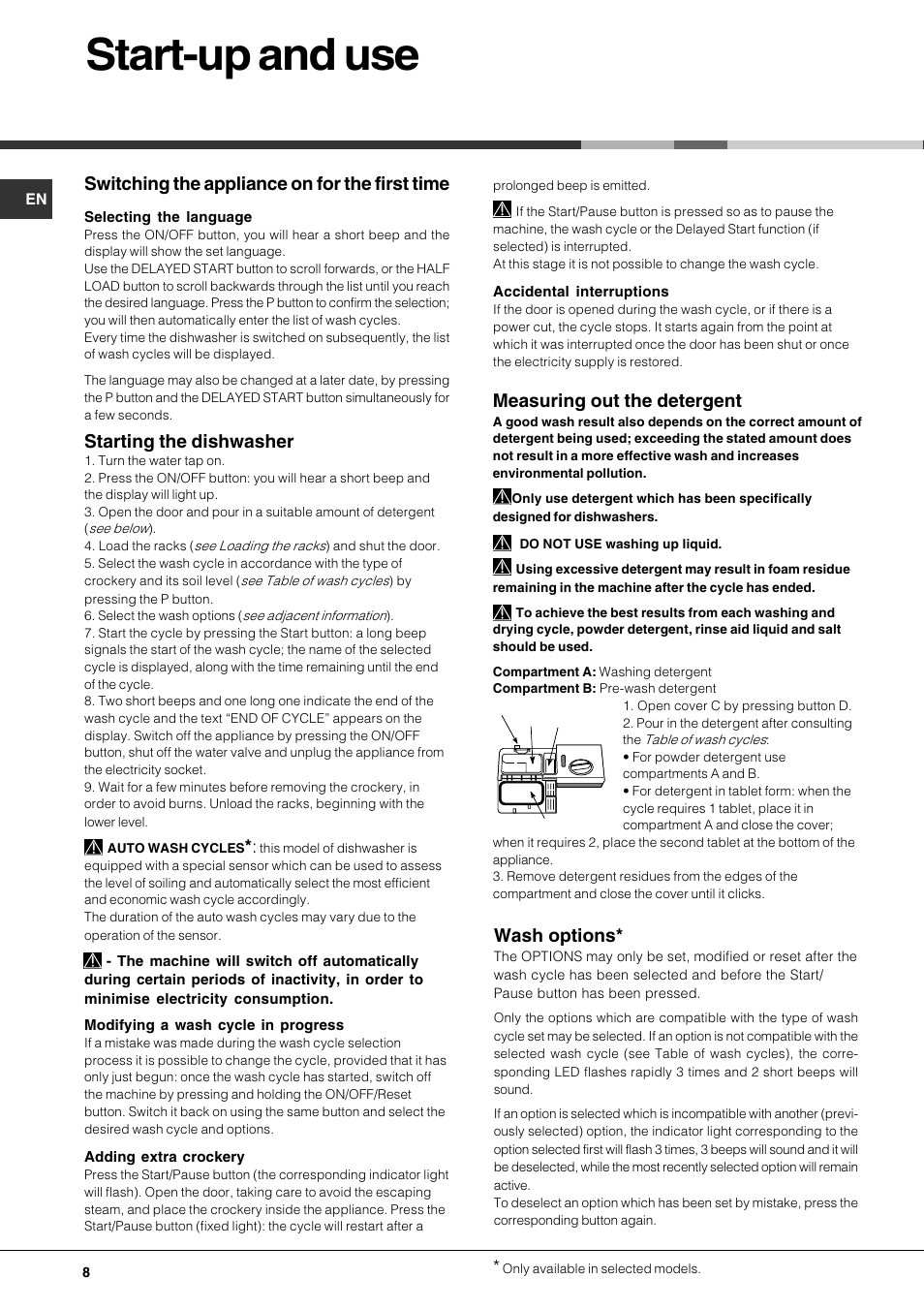 Start-up and use, Measuring out the detergent, Switching the appliance on for the first time | Starting the dishwasher, Wash options | Hotpoint FDUD4212 User Manual | Page 8 / 16