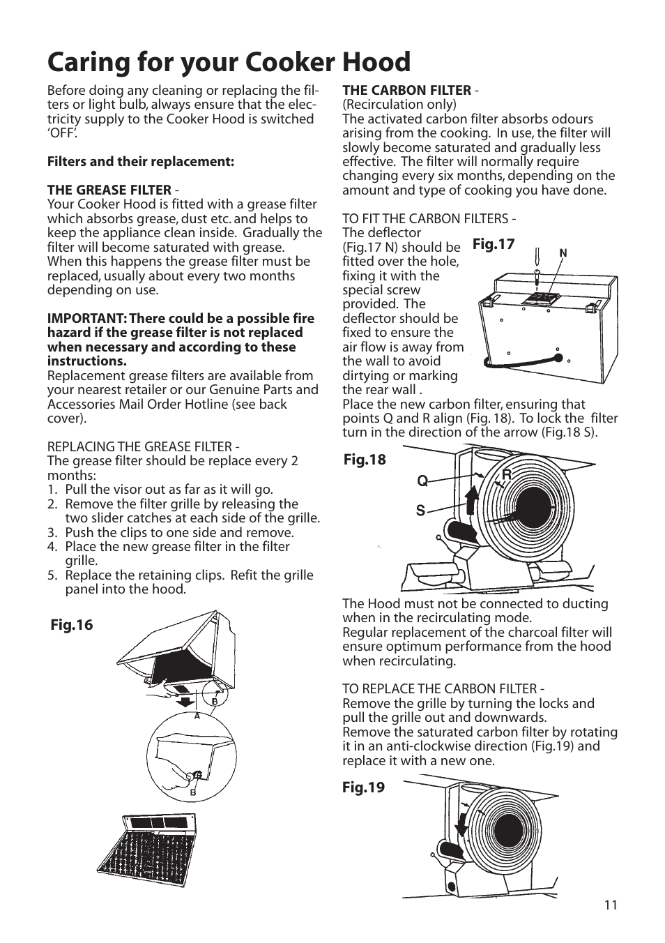 Caring for your cooker hood | Hotpoint HTN40 User Manual | Page 11 / 16