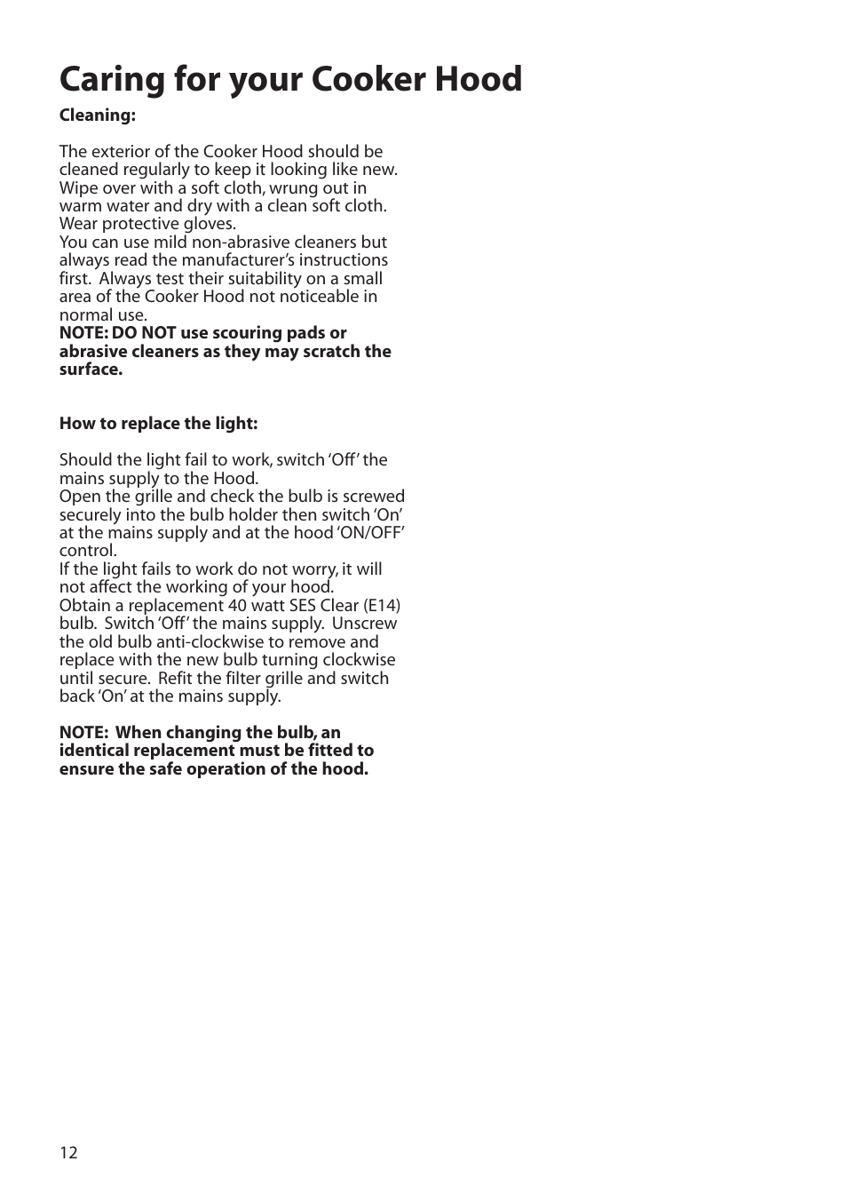 Caring for your cooker hood | Hotpoint HTN40 User Manual | Page 12 / 16