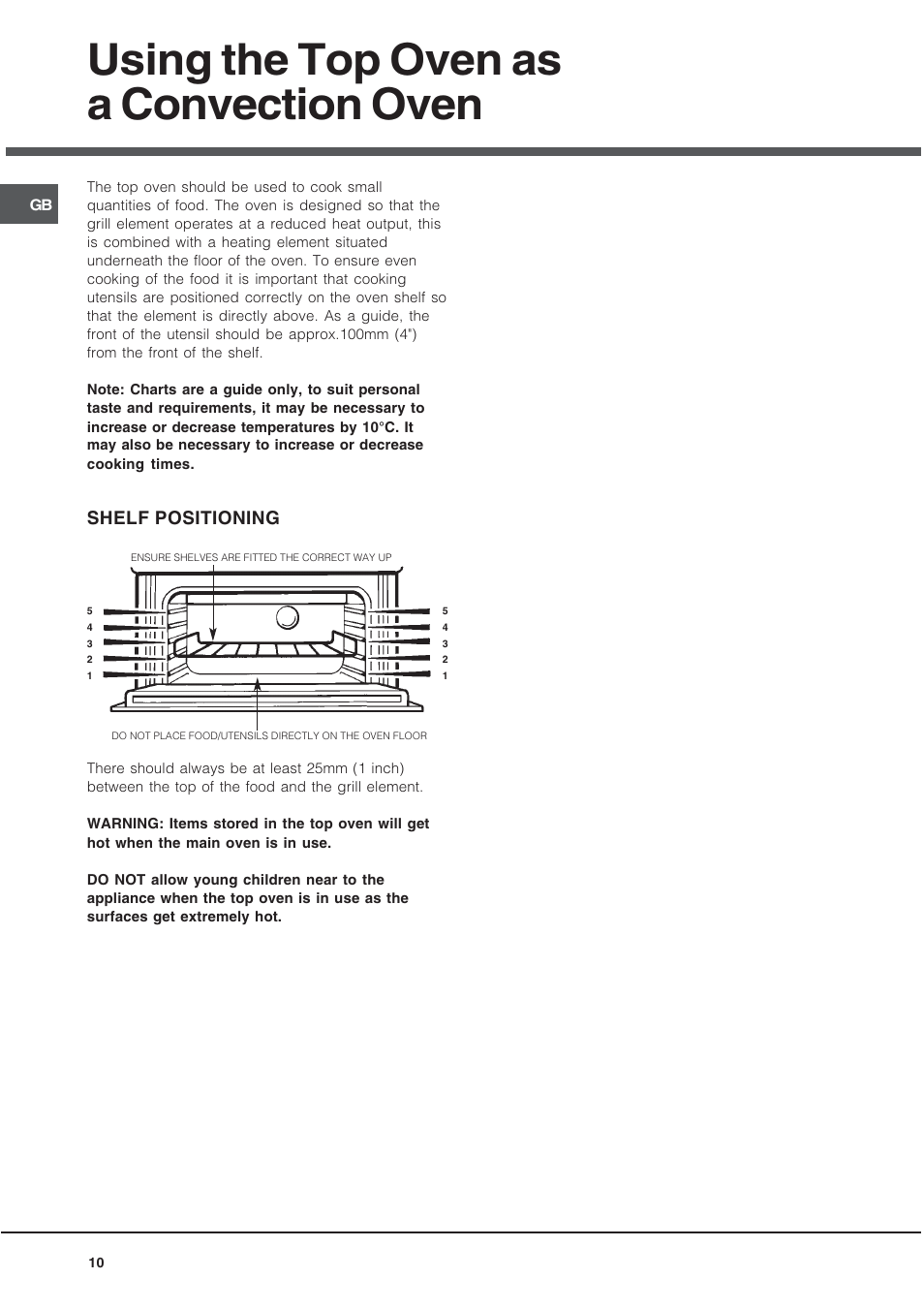 Using the top oven as a convection oven, Shelf positioning | Hotpoint UY46X2 User Manual | Page 10 / 32