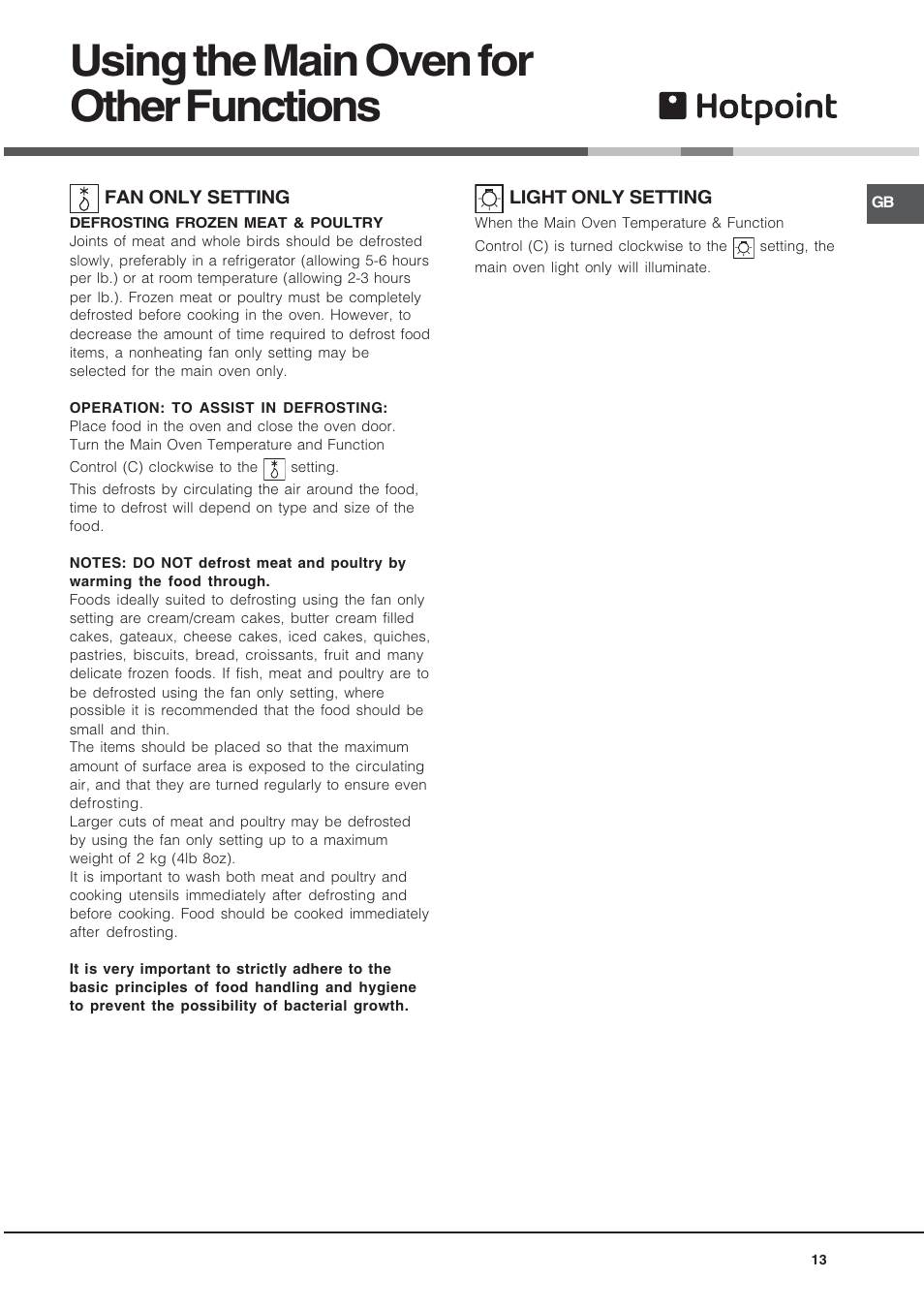 Using the main oven for other functions | Hotpoint UY46X2 User Manual | Page 13 / 32