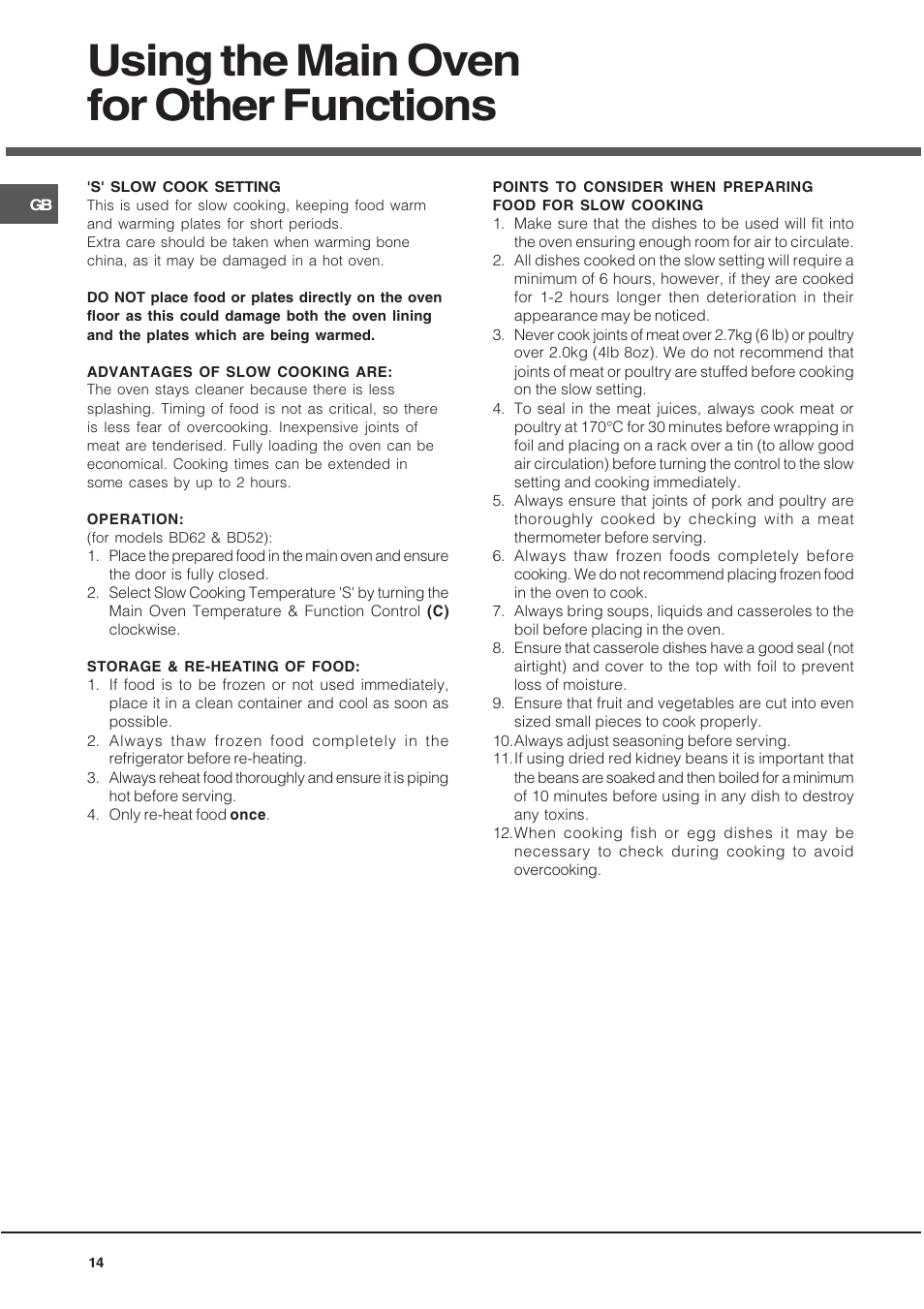 Using the main oven for other functions | Hotpoint UY46X2 User Manual | Page 14 / 32