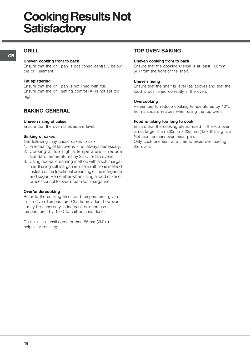 Cooking results not satisfactory | Hotpoint UY46X2 User Manual | Page 18 / 32