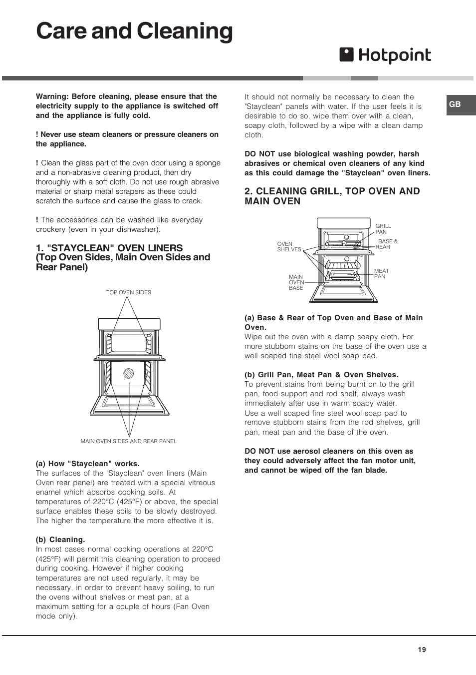 Care and cleaning, Cleaning grill, top oven and main oven | Hotpoint UY46X2 User Manual | Page 19 / 32