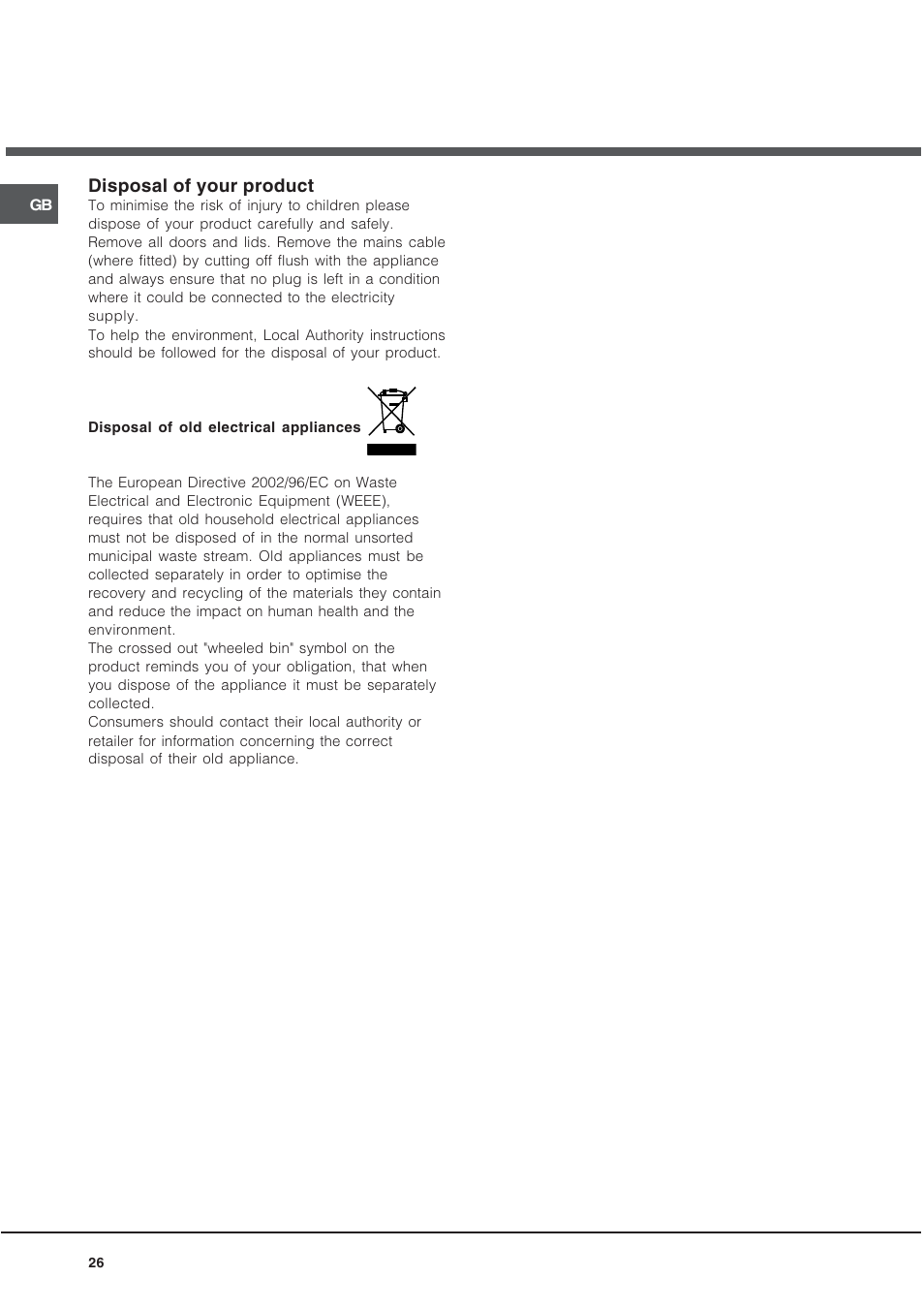 Disposal of your product | Hotpoint UY46X2 User Manual | Page 26 / 32