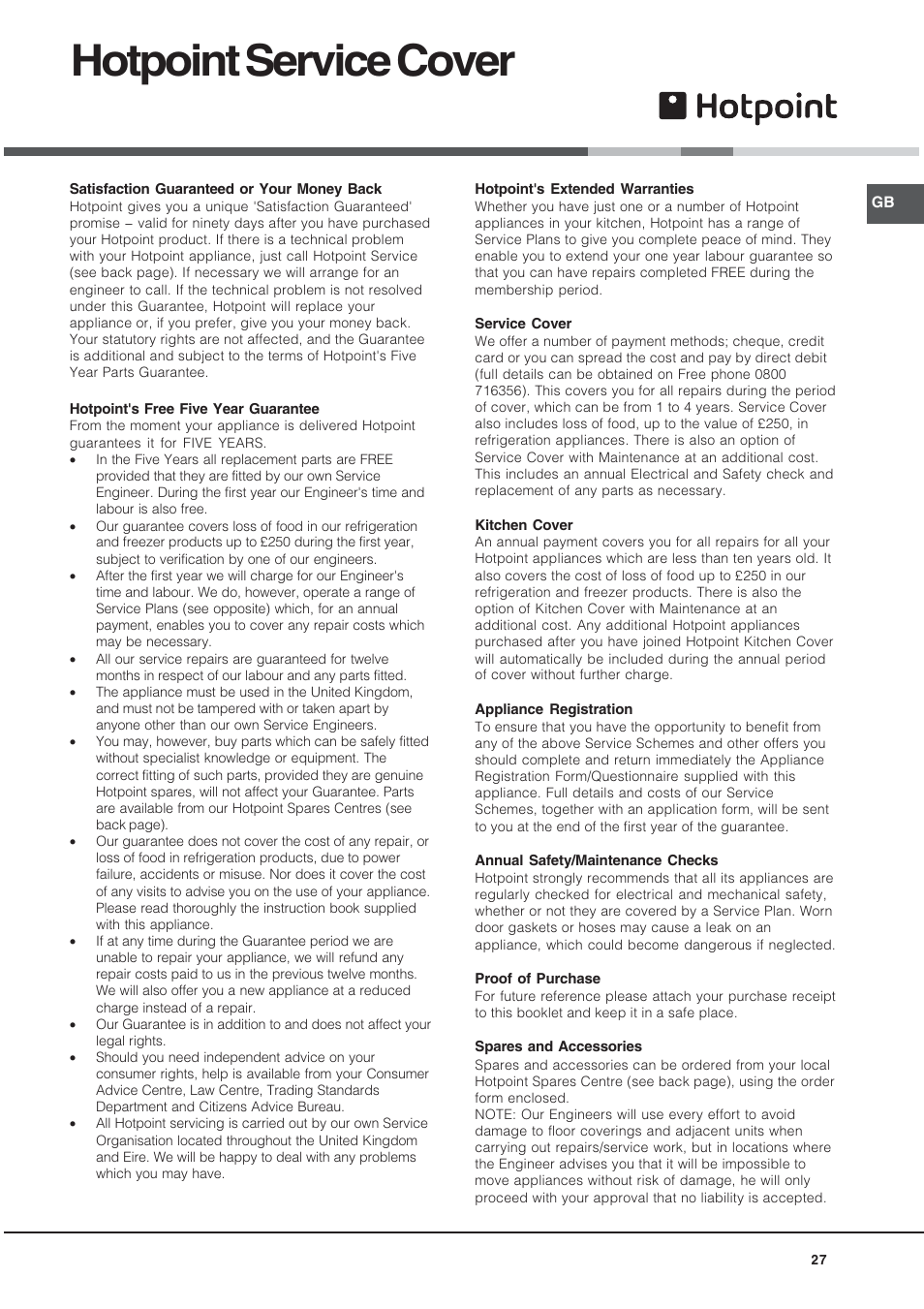 Hotpoint service cover | Hotpoint UY46X2 User Manual | Page 27 / 32