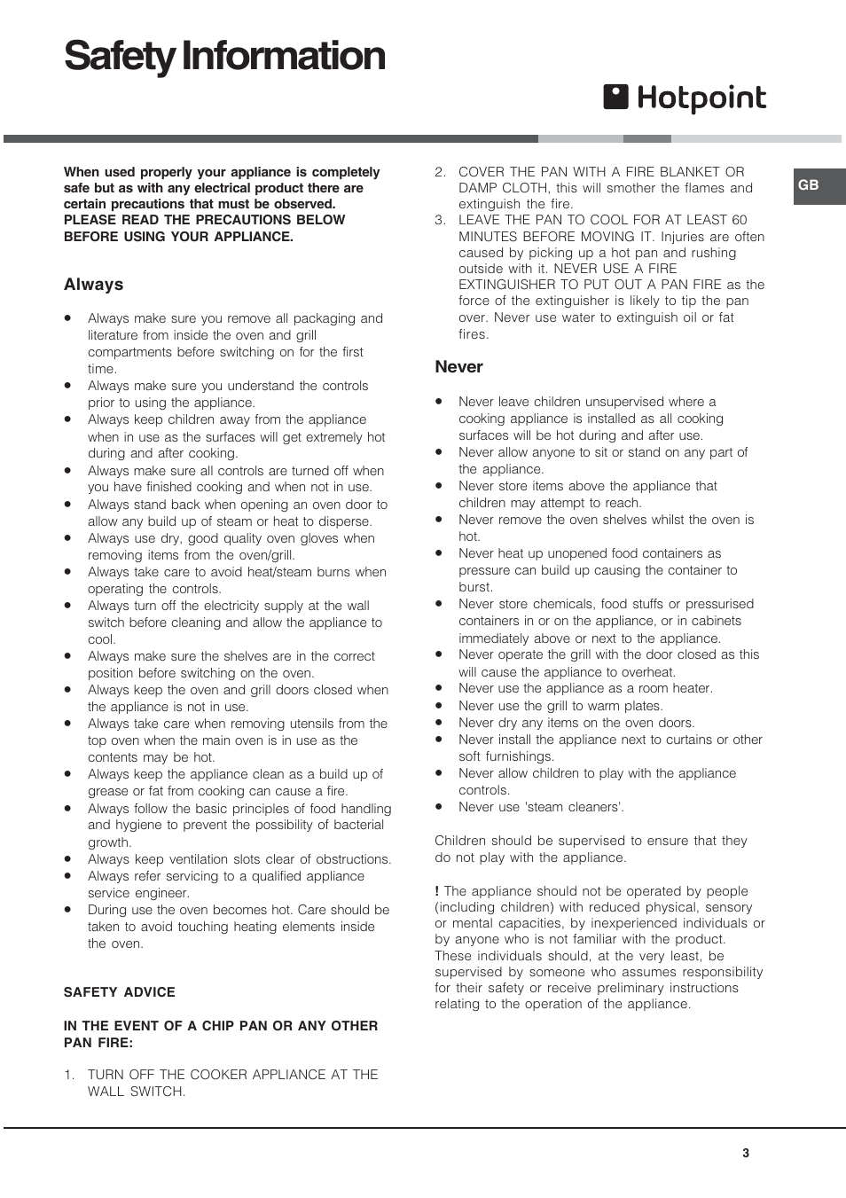 Safety information | Hotpoint UY46X2 User Manual | Page 3 / 32