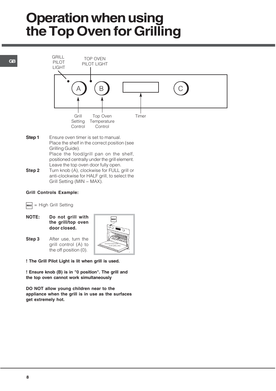 Operation when using the top oven for grilling, Ab c | Hotpoint UY46X2 User Manual | Page 8 / 32