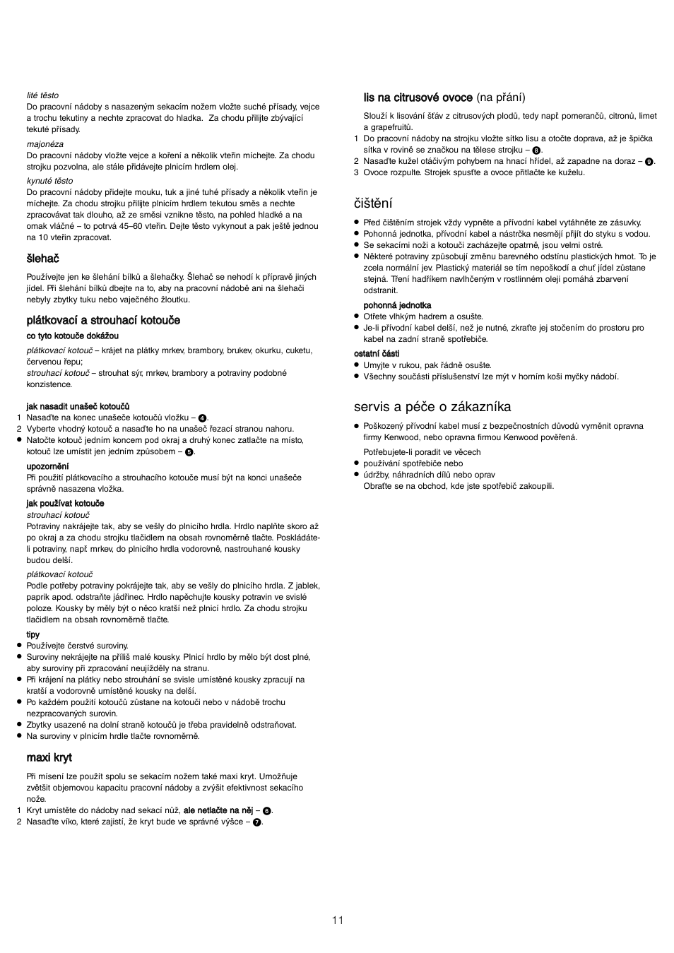 Čištění, Servis a péče o zákazníka | Kenwood FP110 User Manual | Page 14 / 25