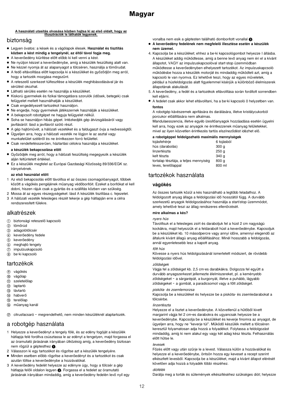 Magyar, Biztonság, Alkatrészek | Tartozékok, A robotgép használata, Tartozékok használata, Vágókés | Kenwood FP110 User Manual | Page 15 / 25