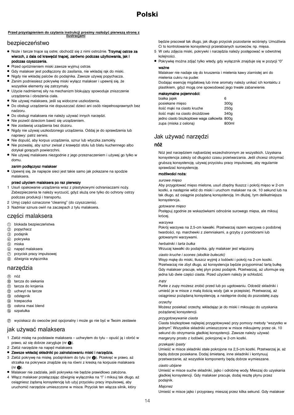 Polski, Bezpieczeństwo, Części malaksera | Narzędzia, Jak używać malaksera, Jak używać narzędzi, Nnó óż ż | Kenwood FP110 User Manual | Page 17 / 25