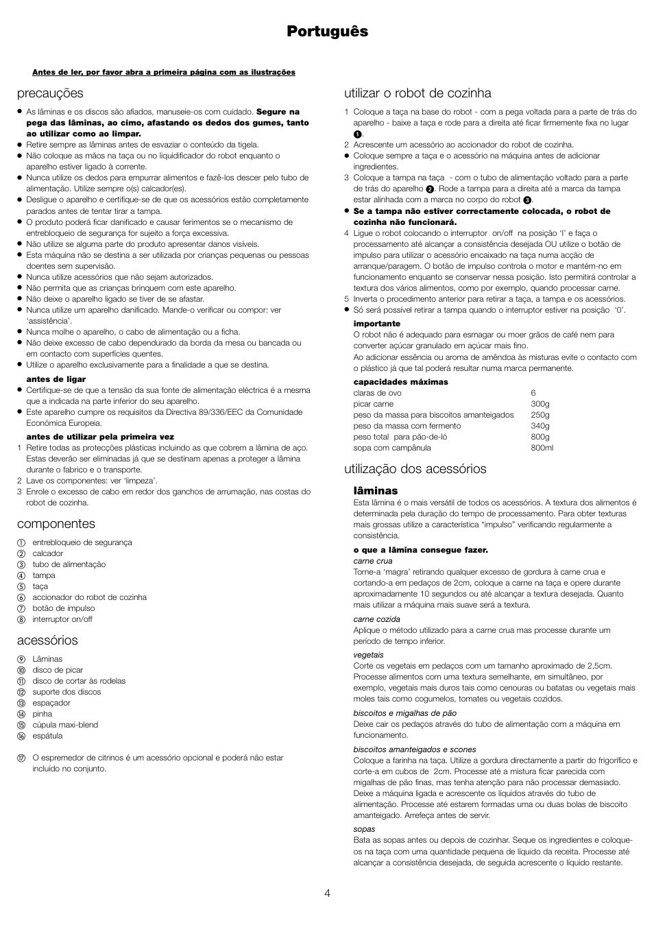Português, Precauções, Componentes | Acessórios, Utilizar o robot de cozinha, Utilização dos acessórios, Lâminas | Kenwood FP110 User Manual | Page 7 / 25