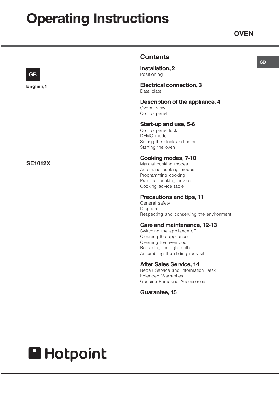 Hotpoint SE1012X User Manual | 16 pages