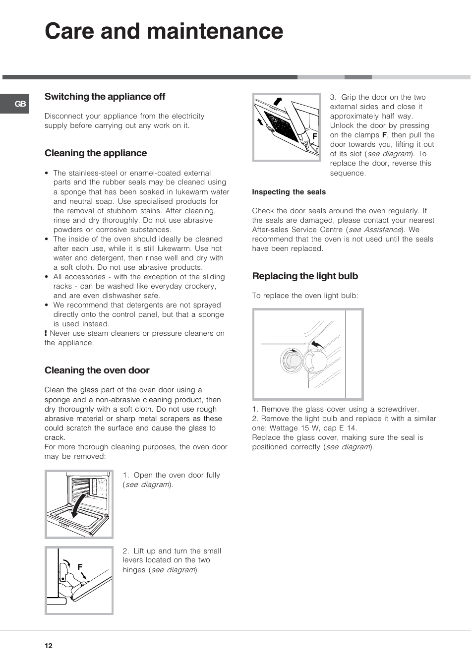 Care and maintenance | Hotpoint SE1012X User Manual | Page 12 / 16