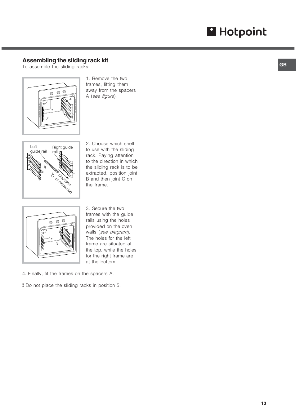 Assembling the sliding rack kit | Hotpoint SE1012X User Manual | Page 13 / 16