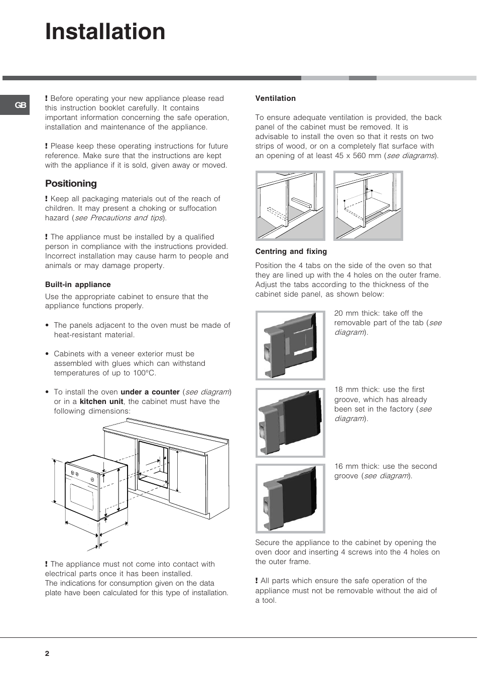 Installation, Positioning | Hotpoint SE1012X User Manual | Page 2 / 16