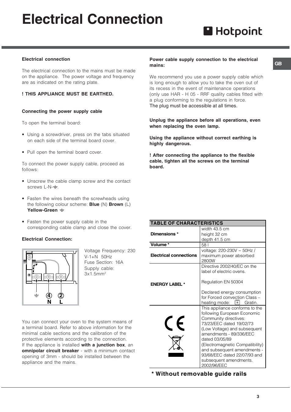 Electrical connection | Hotpoint SE1012X User Manual | Page 3 / 16