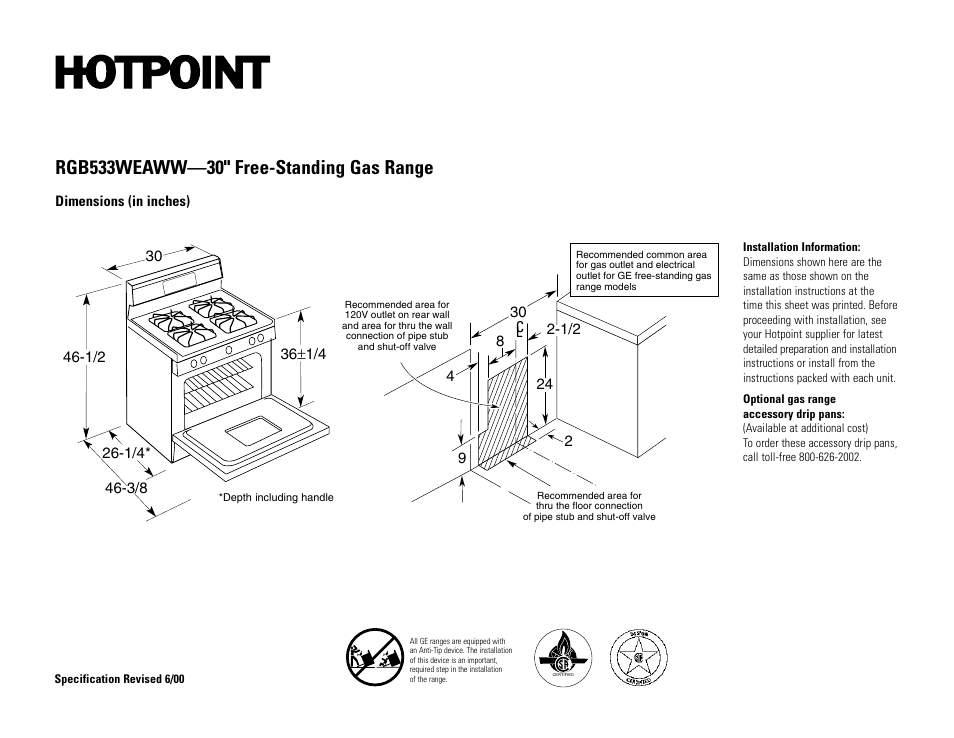 Hotpoint RGB533WEAWW User Manual | 2 pages