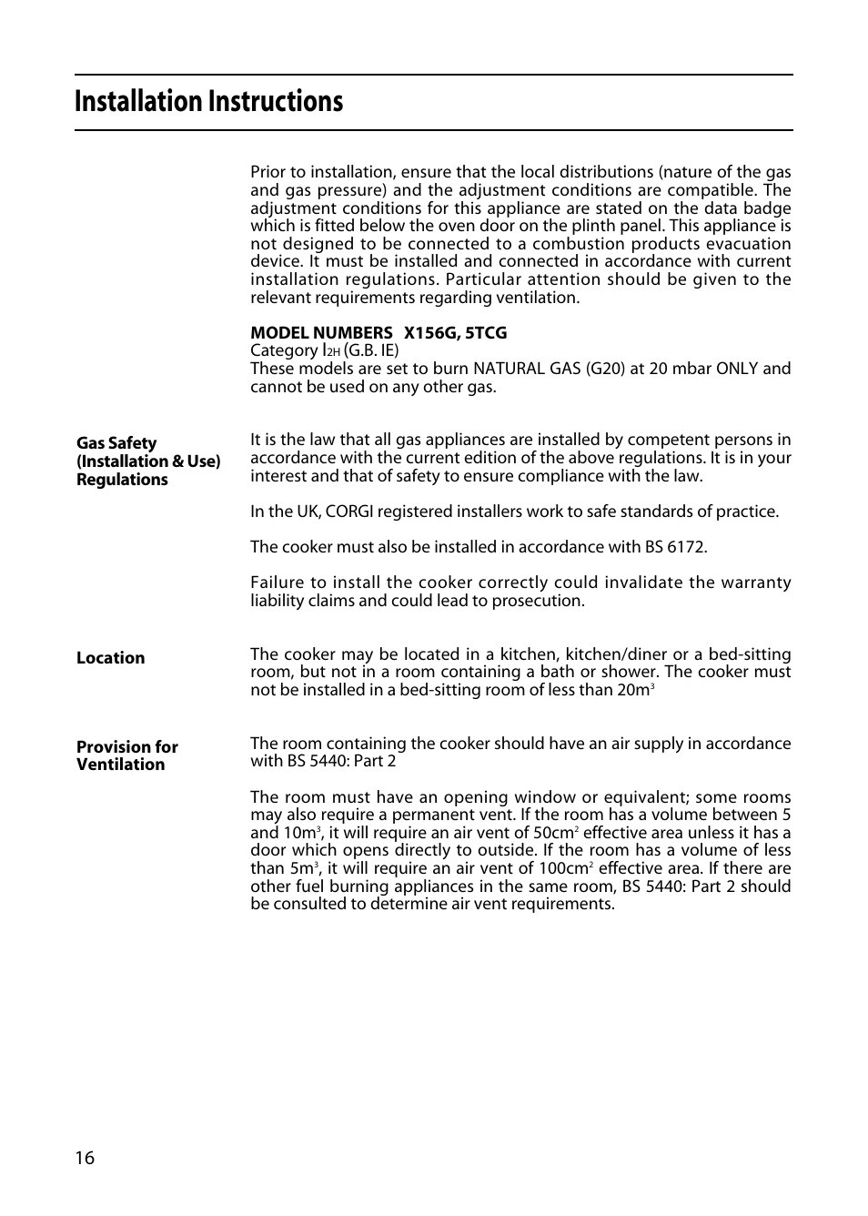 Installation instructions | Hotpoint 5TCG User Manual | Page 18 / 24