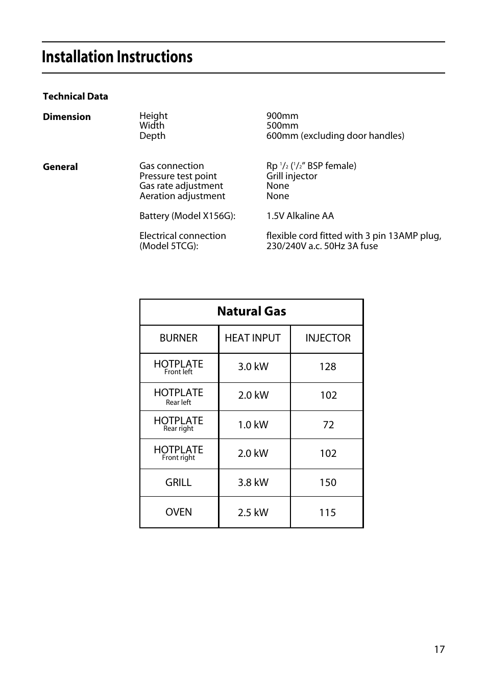 Installation instructions, Natural gas | Hotpoint 5TCG User Manual | Page 19 / 24