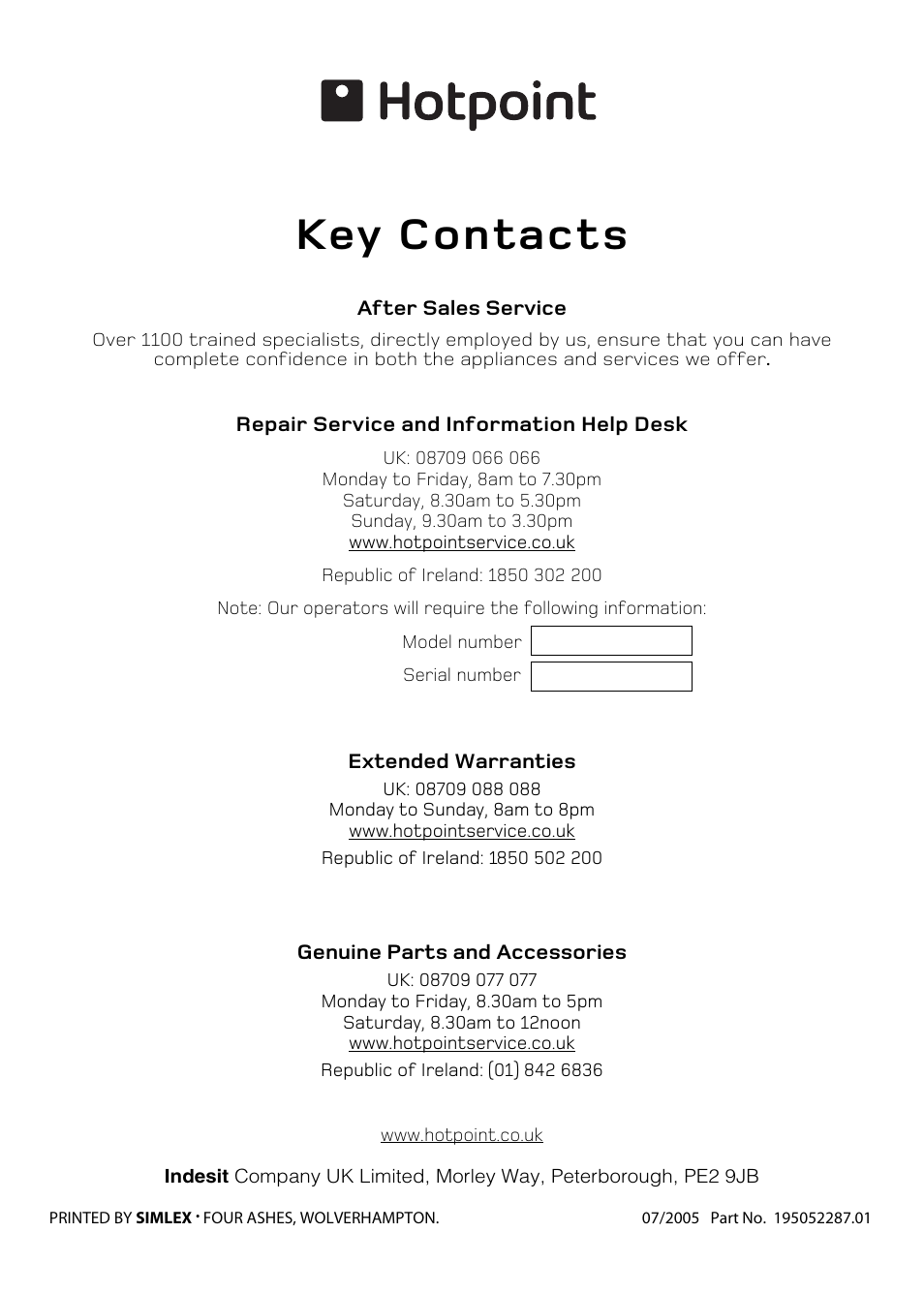 Key contacts | Hotpoint 5TCG User Manual | Page 24 / 24