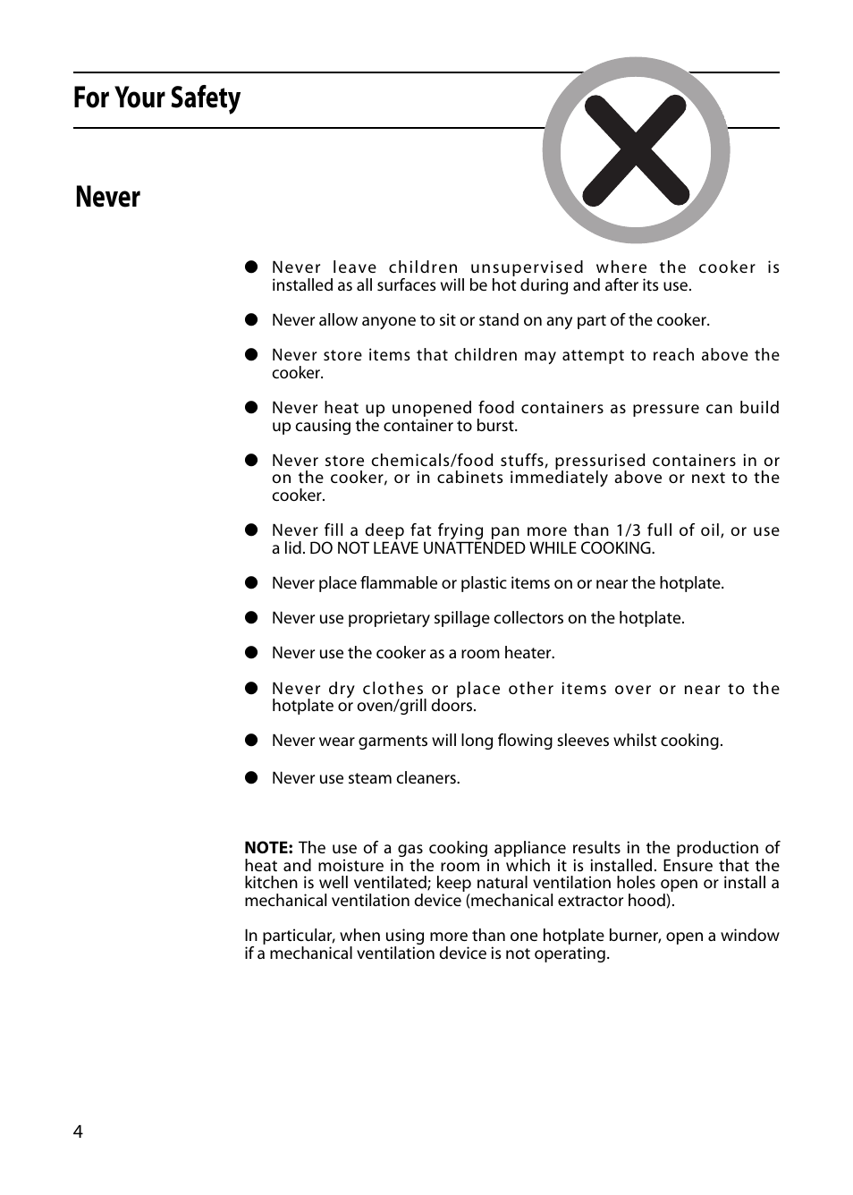 For your safety, Never | Hotpoint 5TCG User Manual | Page 6 / 24
