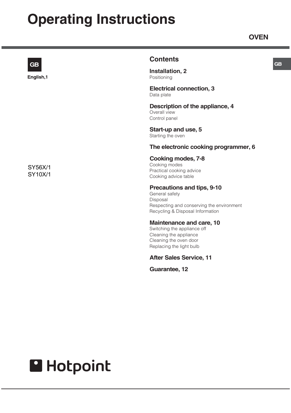 Hotpoint SY10X/1 User Manual | 12 pages