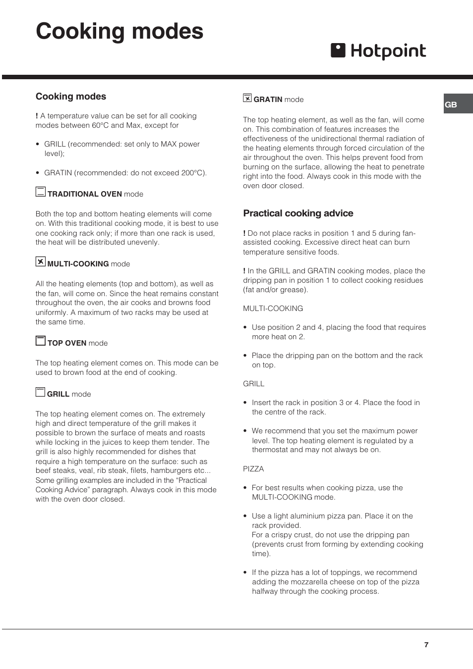 Cooking modes | Hotpoint SY10X/1 User Manual | Page 7 / 12