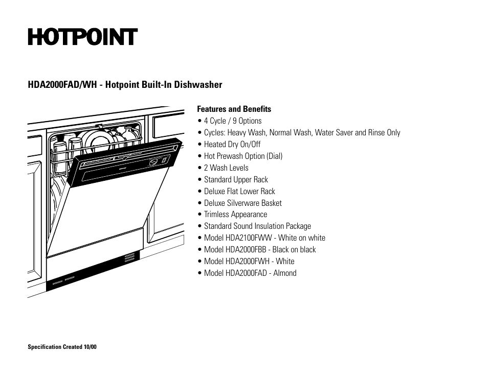 Hda2000fad/wh - hotpoint built-in dishwasher | Hotpoint HDA2000FAD/WH User Manual | Page 2 / 2