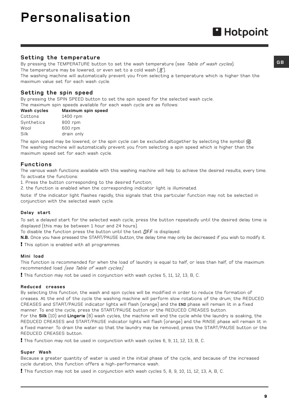 Personalisation | Hotpoint WMF540A User Manual | Page 9 / 16