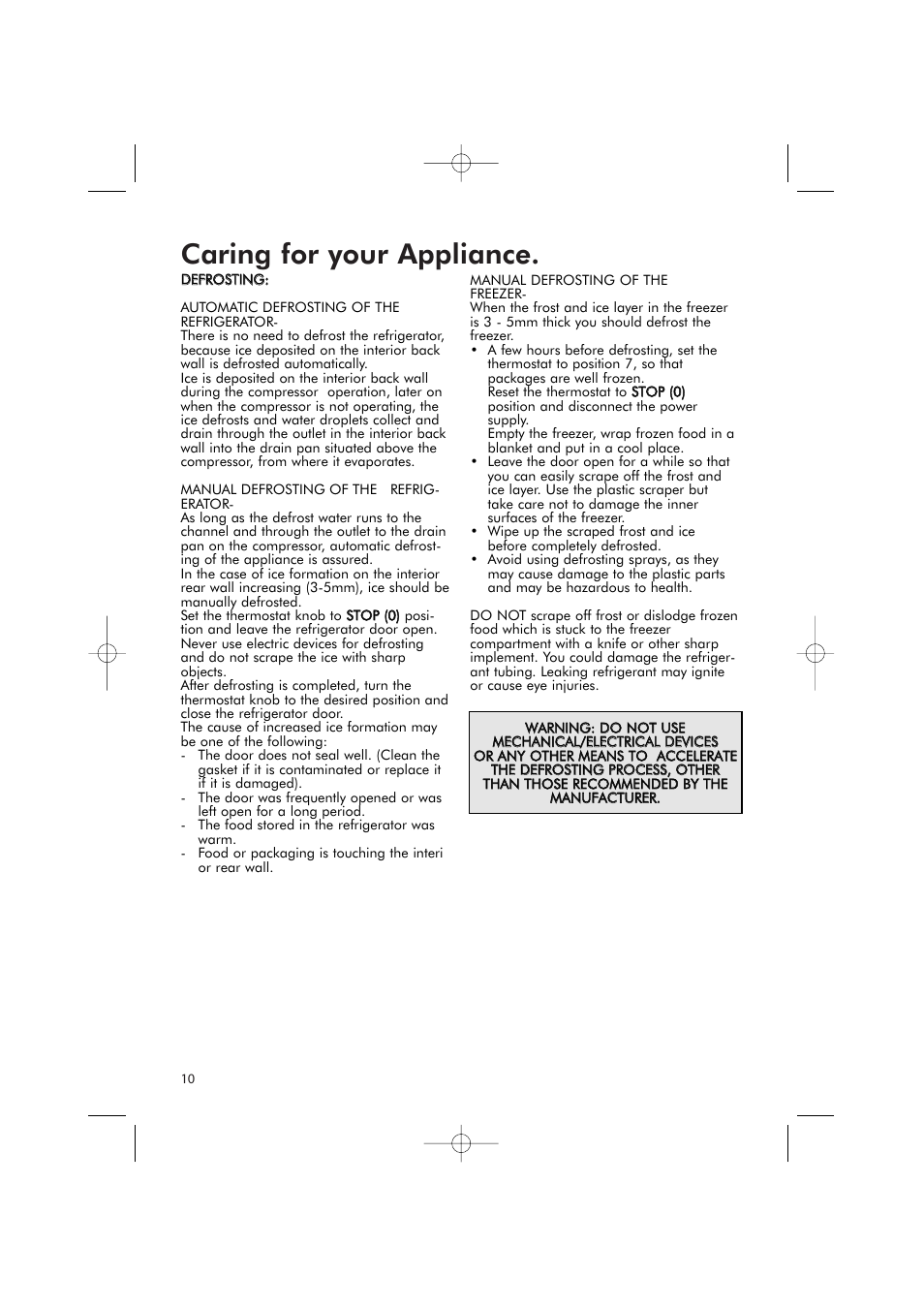 Caring for your appliance | Hotpoint RFR51V User Manual | Page 10 / 16