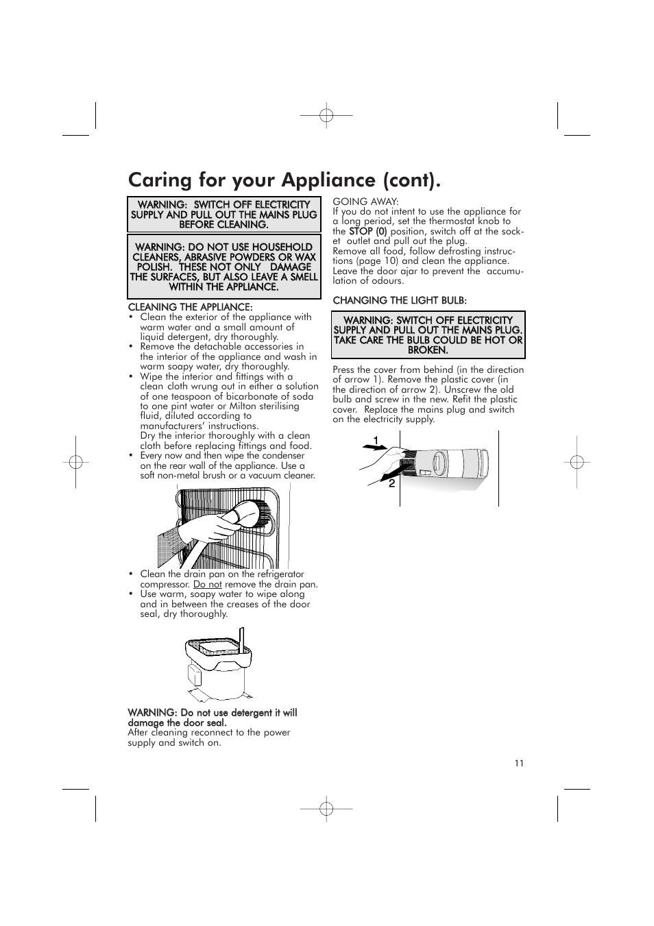 Caring for your appliance (cont) | Hotpoint RFR51V User Manual | Page 11 / 16