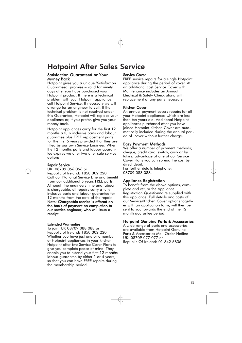 Hotpoint after sales service | Hotpoint RFR51V User Manual | Page 13 / 16