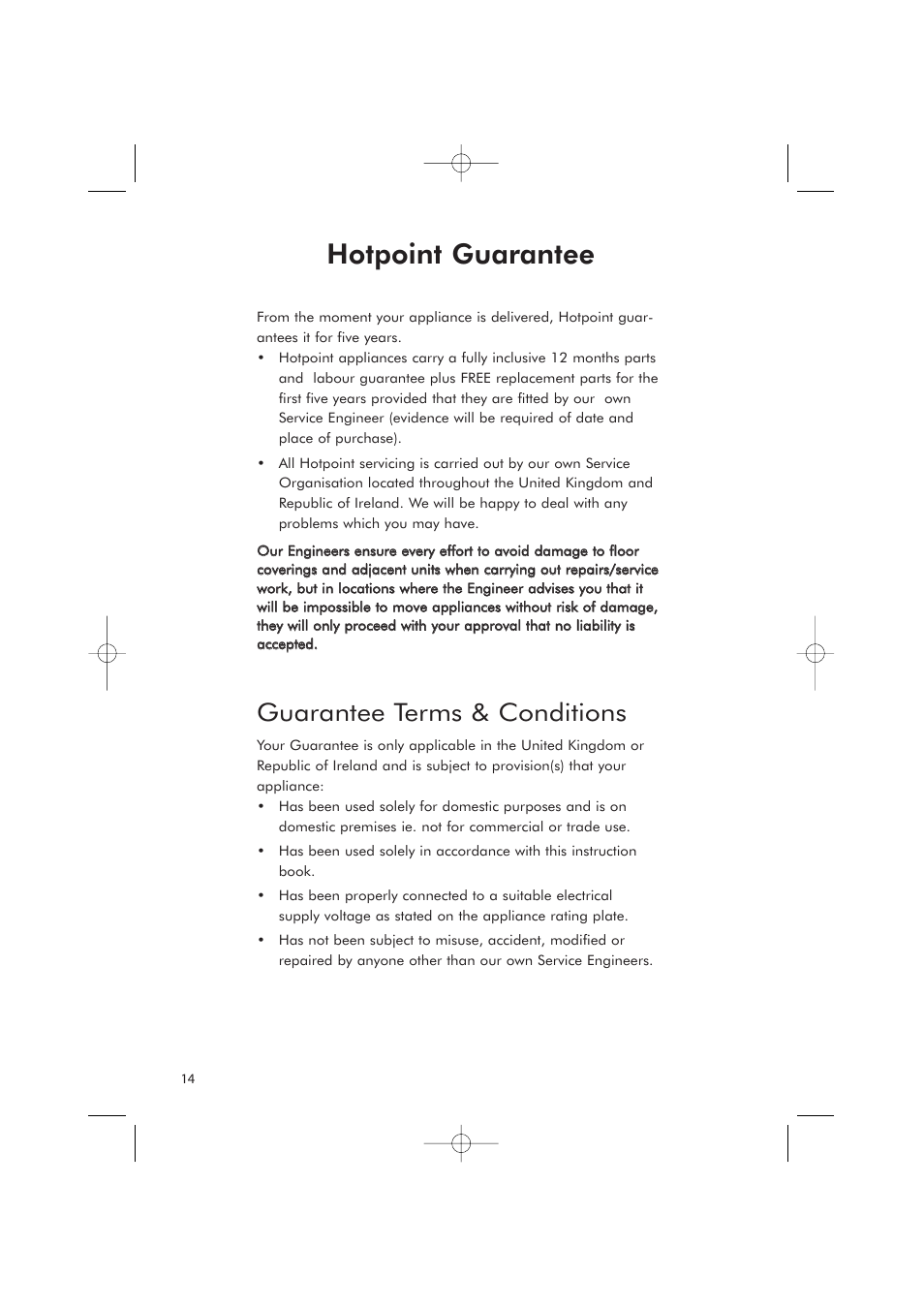 Hotpoint guarantee, Guarantee terms & conditions | Hotpoint RFR51V User Manual | Page 14 / 16