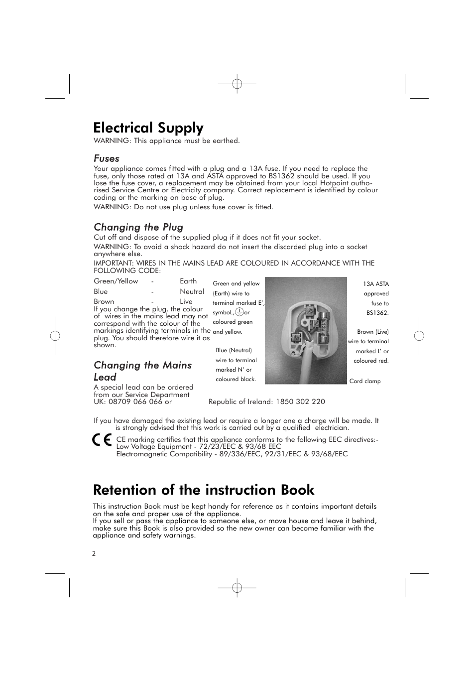 Electrical supply, Retention of the instruction book | Hotpoint RFR51V User Manual | Page 2 / 16