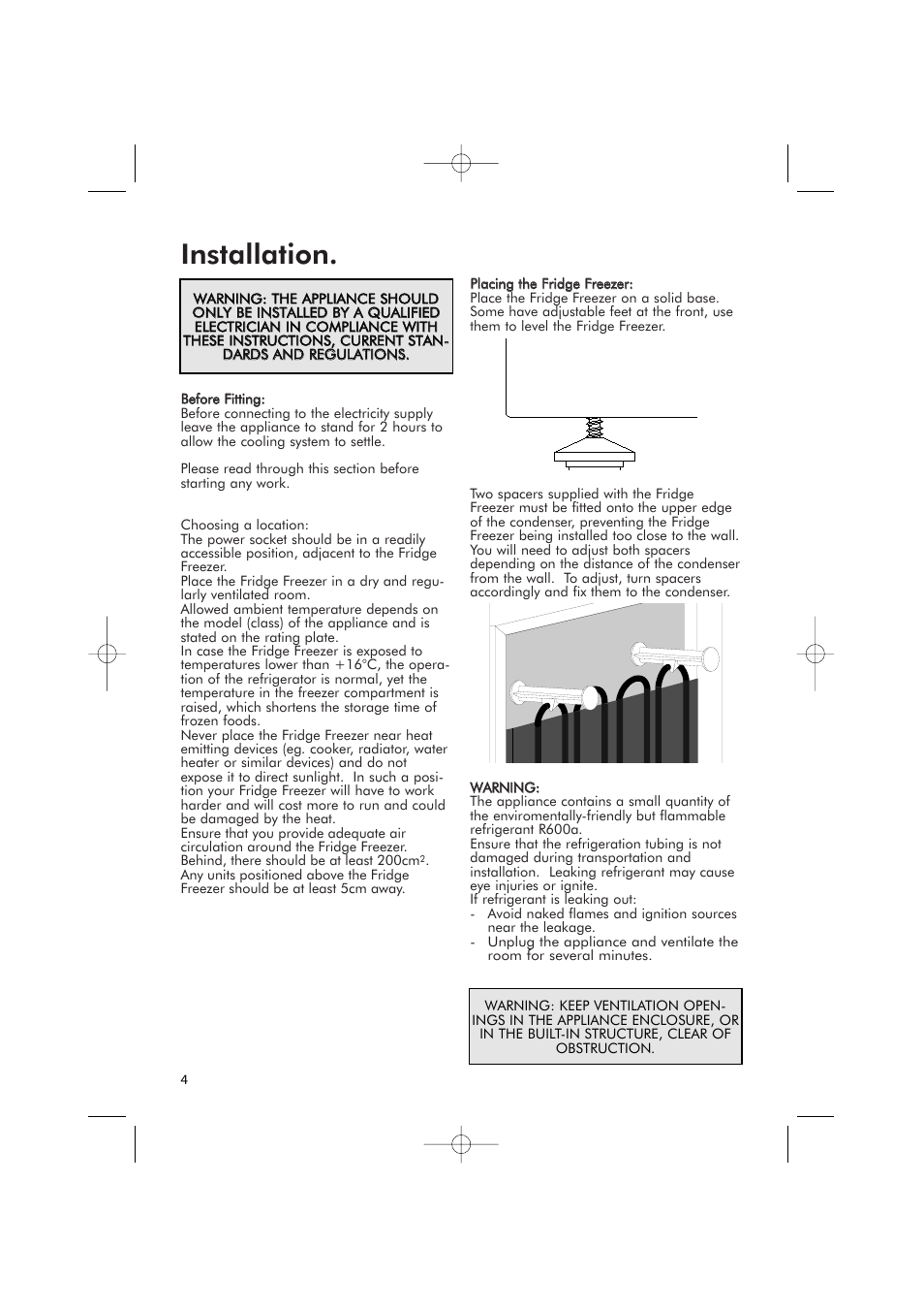 Installation | Hotpoint RFR51V User Manual | Page 4 / 16