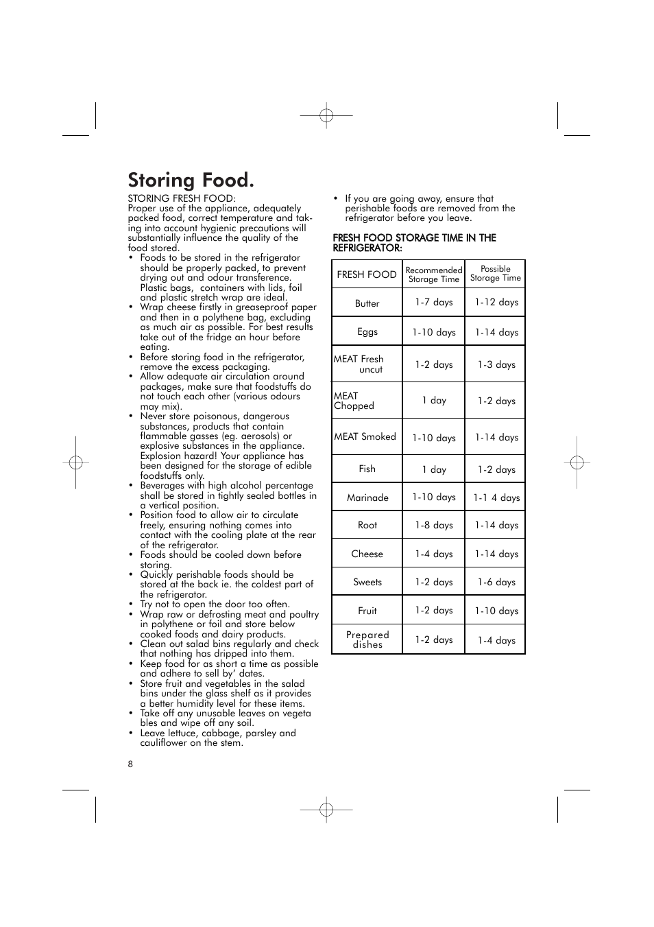 Storing food | Hotpoint RFR51V User Manual | Page 8 / 16