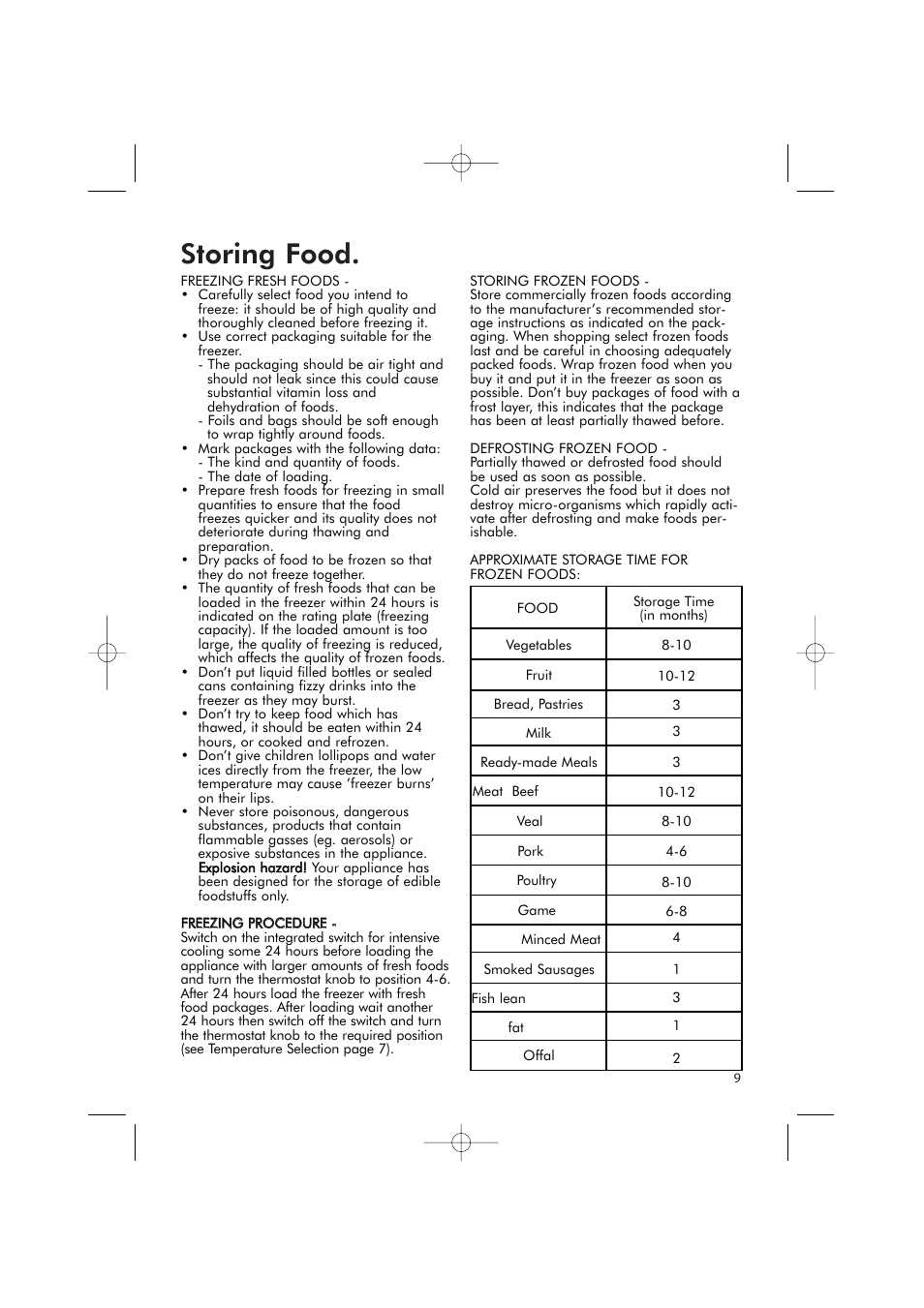 Storing food | Hotpoint RFR51V User Manual | Page 9 / 16