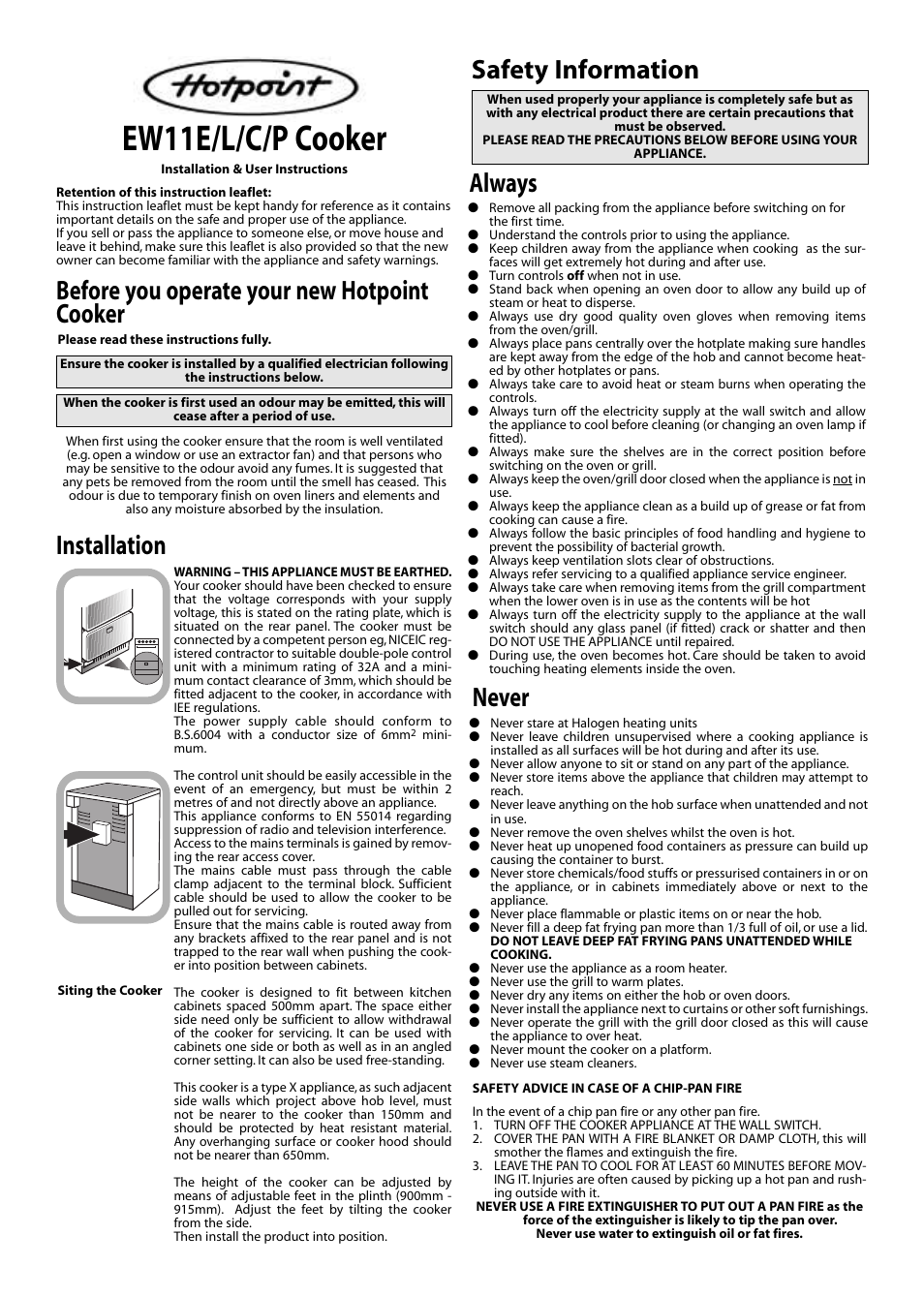 Hotpoint EW11E User Manual | 6 pages