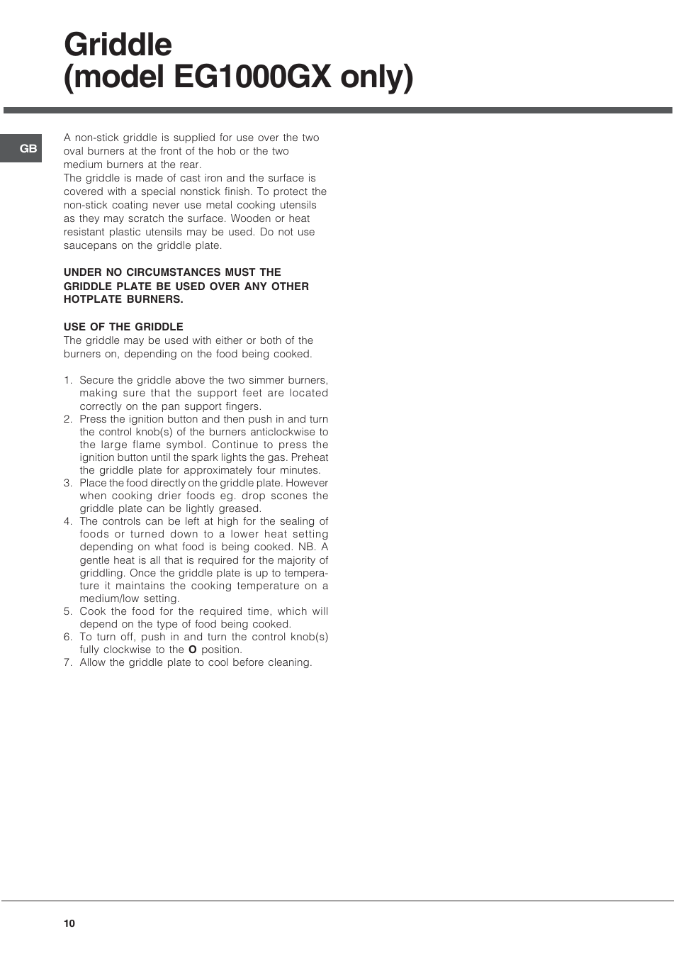 Griddle (model eg1000gx only) | Hotpoint EG1000GX User Manual | Page 10 / 32