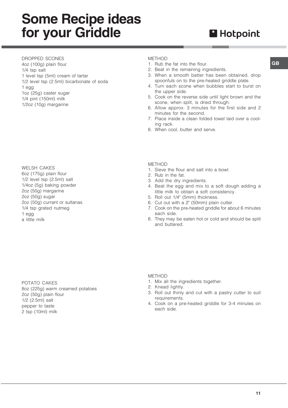 Some recipe ideas for your griddle | Hotpoint EG1000GX User Manual | Page 11 / 32