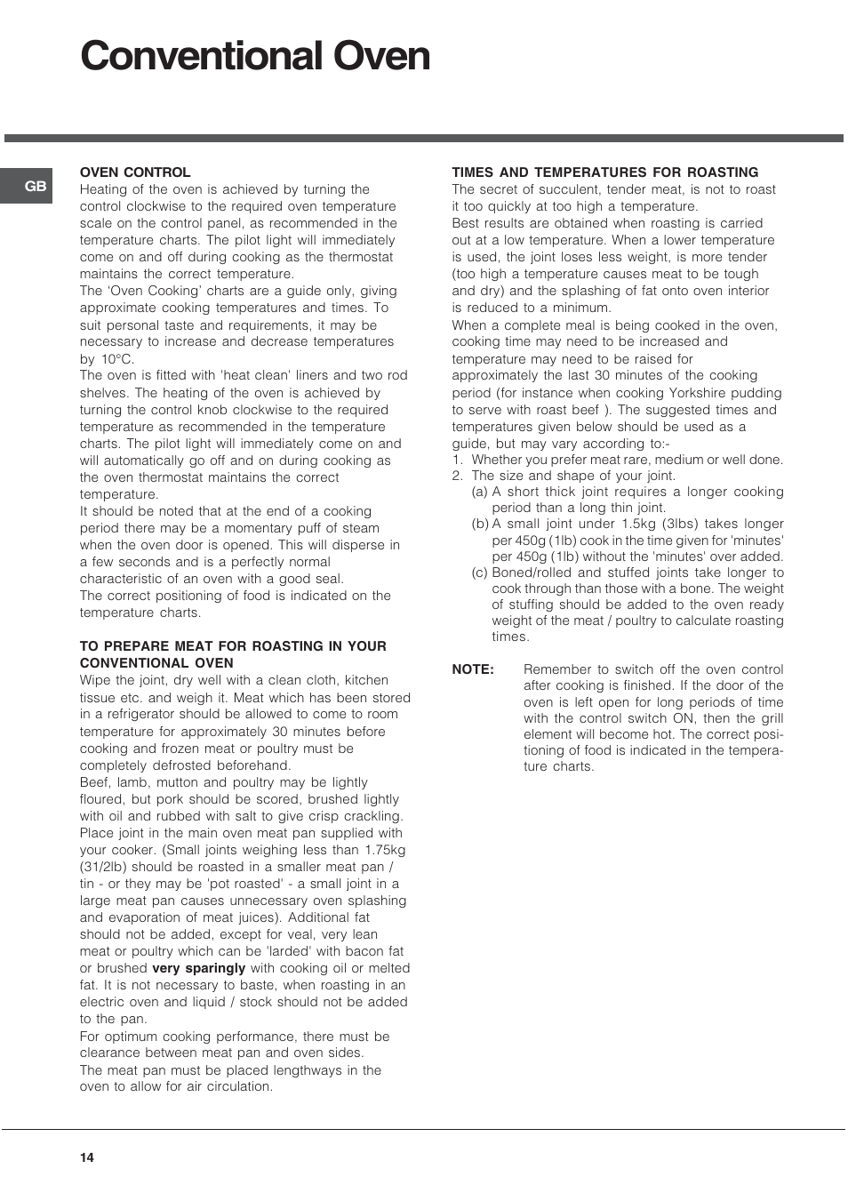 Conventional oven | Hotpoint EG1000GX User Manual | Page 14 / 32