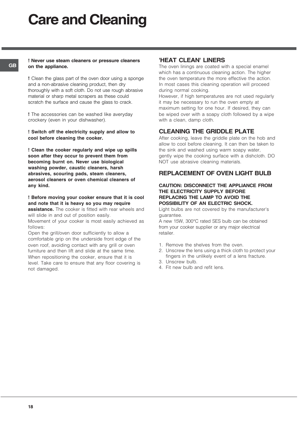 Care and cleaning | Hotpoint EG1000GX User Manual | Page 18 / 32
