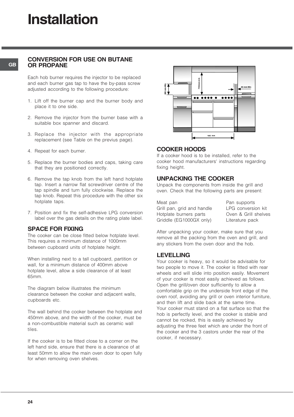 Installation | Hotpoint EG1000GX User Manual | Page 24 / 32