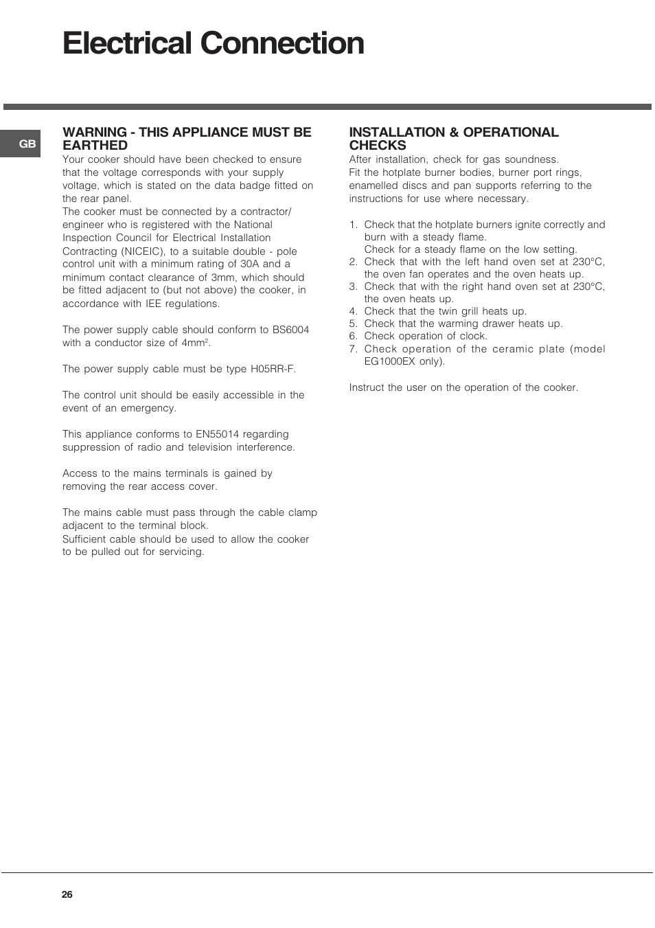 Electrical connection | Hotpoint EG1000GX User Manual | Page 26 / 32