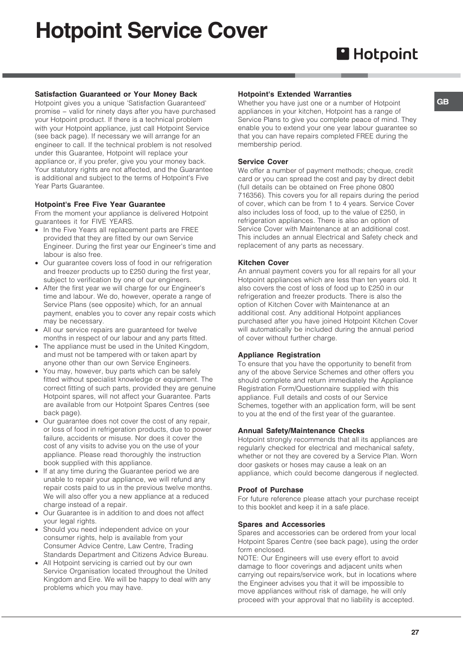 Hotpoint service cover | Hotpoint EG1000GX User Manual | Page 27 / 32